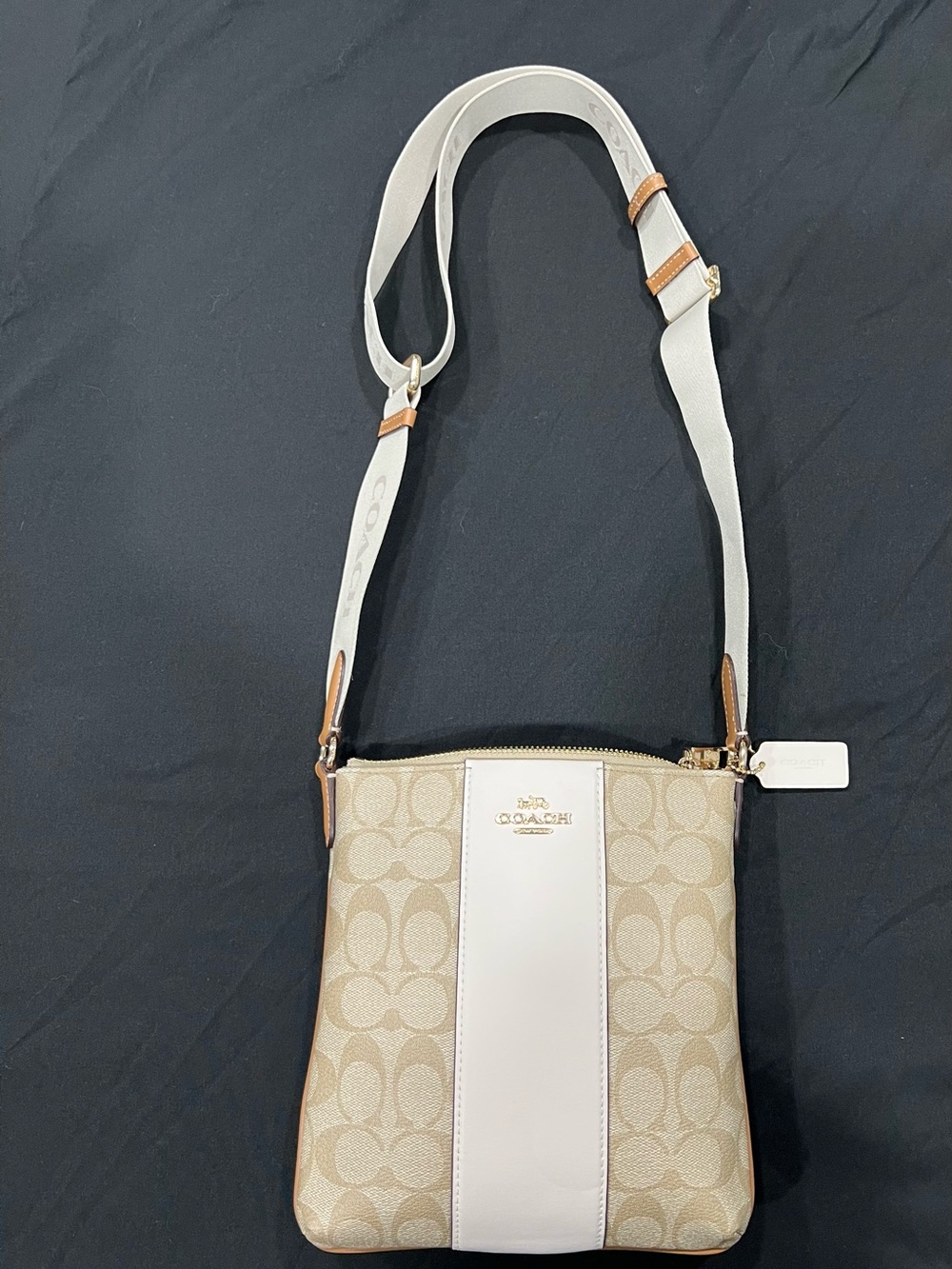 Coach Khaki Canvas Crossbody with Chalk Center Stripe